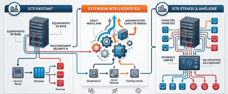 Installation et câblage d'un module d'extension de sécurité B2L System dans une baie de brassage informatique.