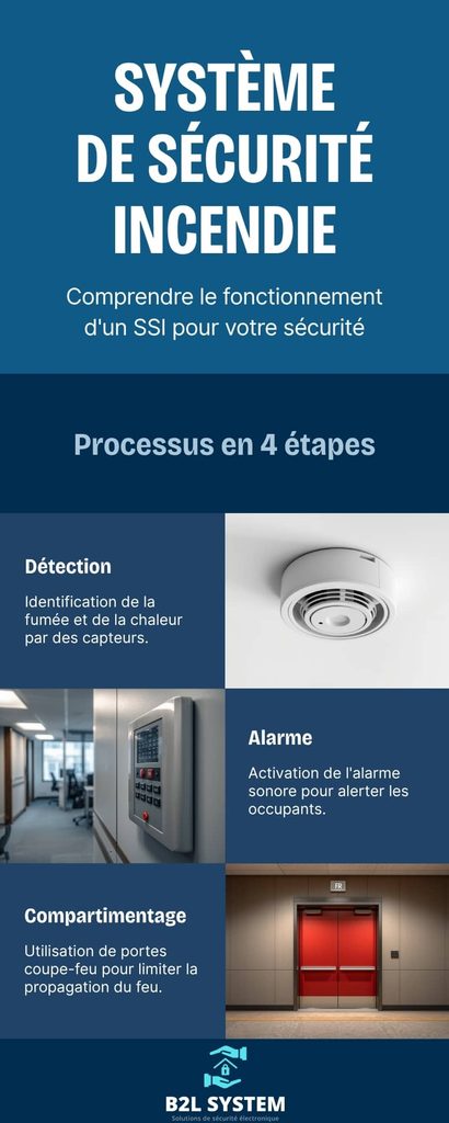 Infographie B2L System : fonctionnement d'un système de sécurité incendie (SSI) en 4 étapes - détection, alarme, compartimentage