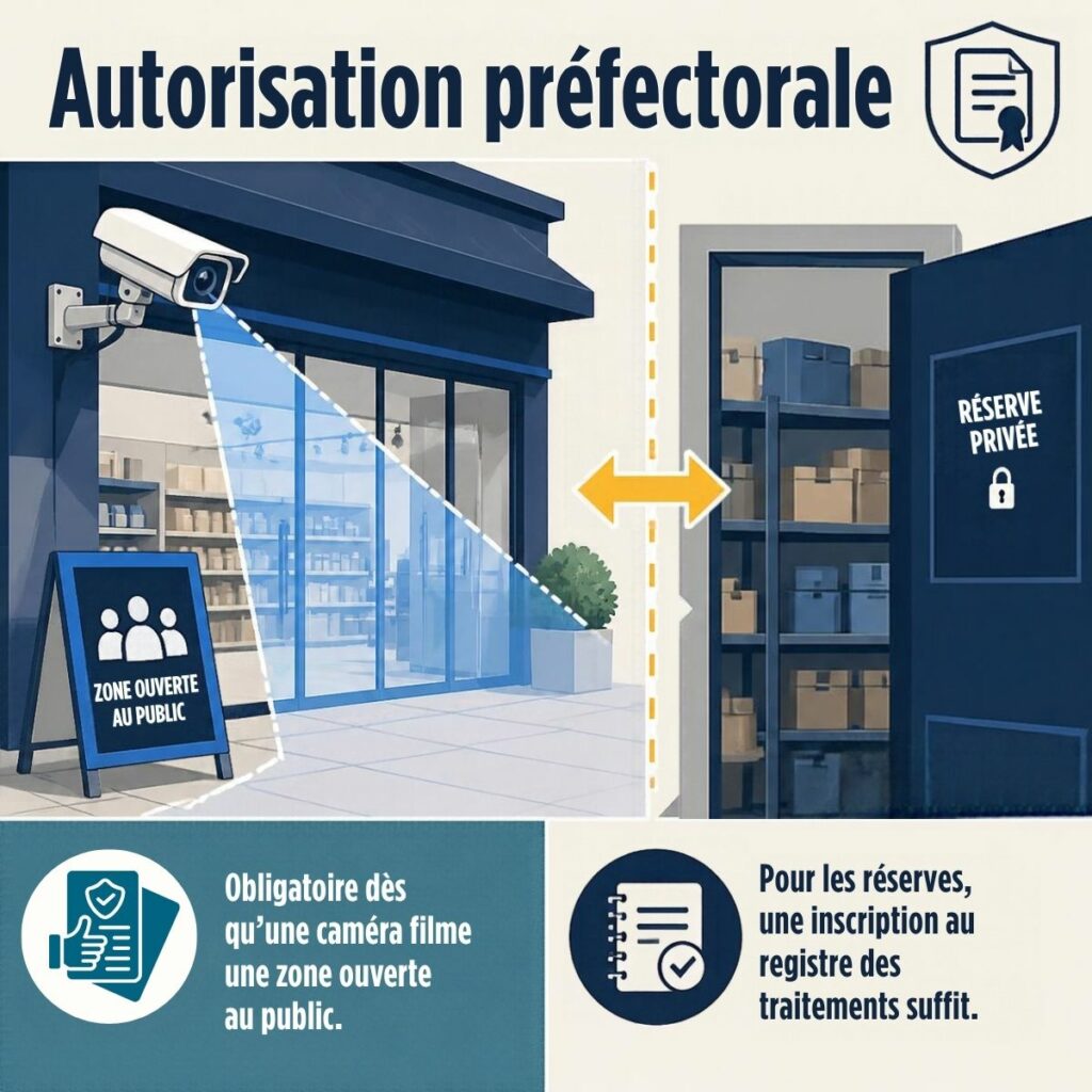 Caméra de vidéosurveillance fixée à l'entrée d'un commerce