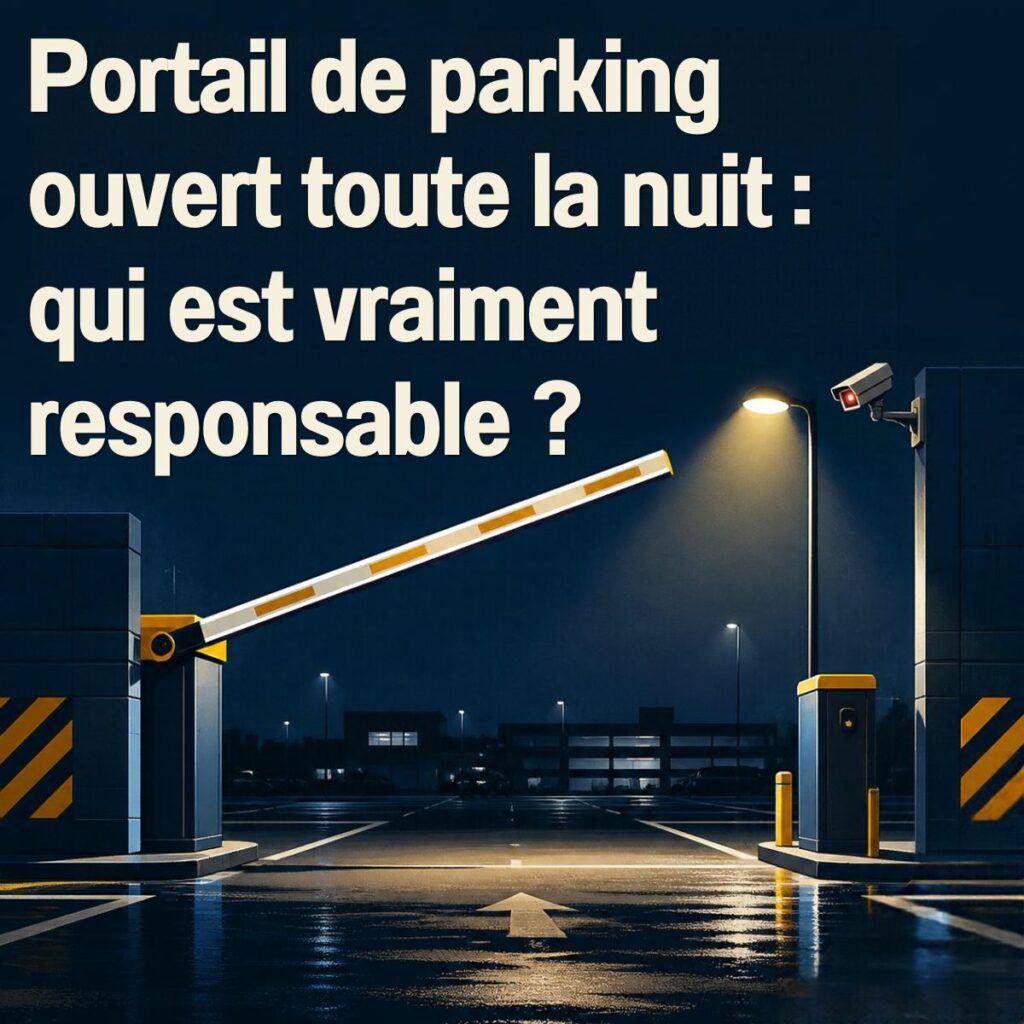 Barrière de parking résidentiel restée levée la nuit, avec une caméra de surveillance à l’entrée.